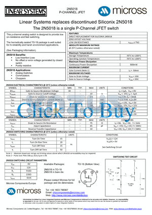 2N5018_TO-18 datasheet - a single P-Channel JFET switch