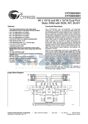 CY7C025-25AC datasheet - 4K x 16/18 and 8K x 16/18 Dual-Port Static RAM with SEM, INT, BUSY