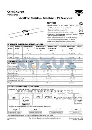 CCF-55113RFKE36 datasheet - Metal Film Resistors, Industrial, 1% Tolerance