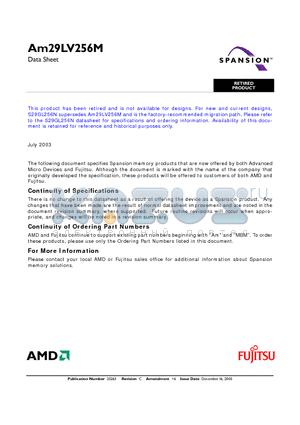 AM29LV256MH103FI datasheet - 256 Megabit (16 M x 16-Bit/32 M x 8-Bit) MirrorBitTM 3.0 Volt-only Uniform Sector Flash Memory with VersatileI/OTM Control