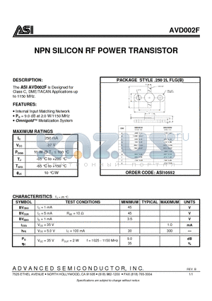 AVD002F datasheet - NPN SILICON RF POWER TRANSISTOR