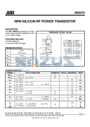 2N5070 datasheet - NPN SILICON RF POWER TRANSISTOR