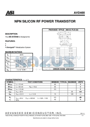 AVD400 datasheet - NPN SILICON RF POWER TRANSISTOR