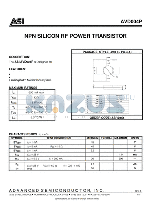 AVD004 datasheet - NPN SILICON RF POWER TRANSISTOR