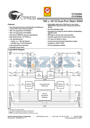 CY7C026A-15AXC datasheet - 16K x 16/18 Dual-Port Static RAM