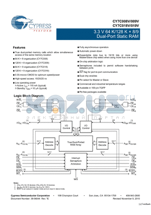 CY7C026AV-25AXI datasheet - 3.3 V 4 K / 8 K / 16 K  16 Dual-Port Static RAM