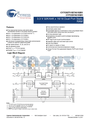 CY7C027V-20AXC datasheet - 3.3 V 32K/64K x 16/18 Dual-Port Static RAM