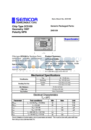 2N5109 datasheet - Chip Type 2C5109 Geometry 1007 Polarity NPN