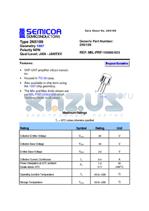 2N5109 datasheet - Type 2N5109 Geometry 1007 Polarity NPN