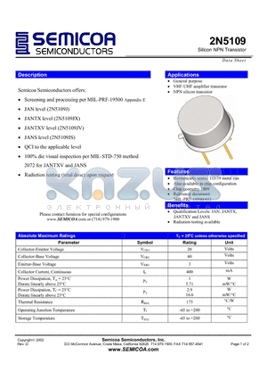 2N5109 datasheet - Silicon NPN Transistor