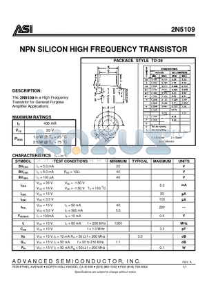 2N5109 datasheet - NPN SILICON HIGH FREQUENCY TRANSISTOR