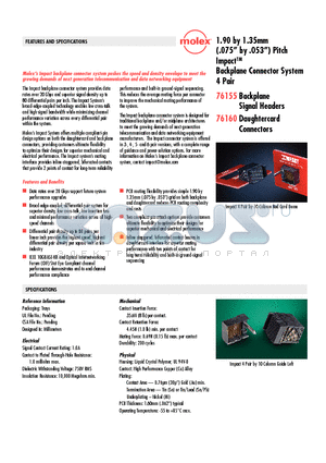 76160-0016 datasheet - 1.90 by 1.35mm (.075 by .053) Pitch ImpactTM Backplane Connector System 4 Pair