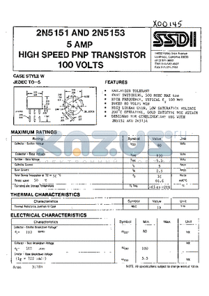 2N5151 datasheet - 5 AMP HIGH SPEED PNP  TRANSISTOR