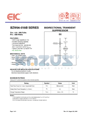 BZW06P154B datasheet - BIDIRECTIONAL TRANSIENT SUPPRESSOR