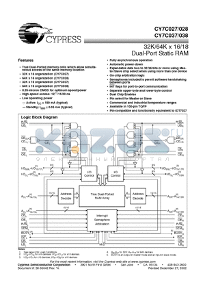 CY7C037-15AC datasheet - 32K/64K x 16/18 Dual-Port Static RAM