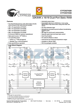 CY7C038-12AC datasheet - 32K/64K x 16/18 Dual-Port Static RAM