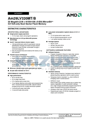 AM29LV320MB100PCI datasheet - 32 Megabit (2 M x 16-Bit/4 M x 8-Bit) MirrorBit 3.0 Volt-only Boot Sector Flash Memory