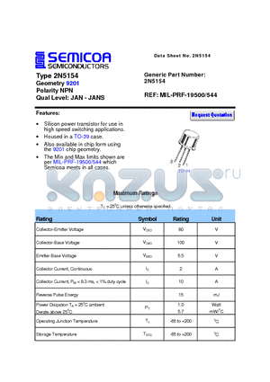 2N5154 datasheet - Type 2N5154 Geometry 9201 Polarity NPN