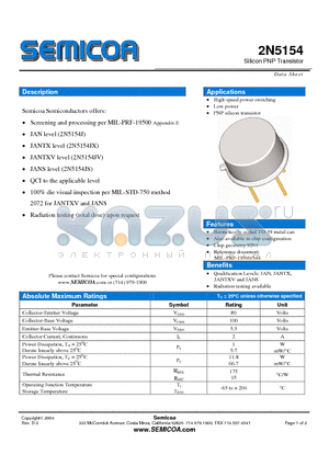 2N5154 datasheet - Silicon PNP Transistor
