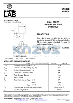 2N5154 datasheet - HIGH SPEED MEDIUM VOLTAGE SWITCHES