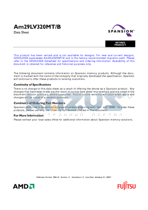 AM29LV320MB100EI datasheet - 32 Megabit (2 M x 16-Bit/4 M x 8-Bit) MirrorBit 3.0 Volt-only Boot Sector Flash Memory