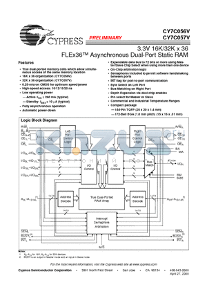 CY7C056V-15AI datasheet - 3.3V 16K/32K x 36 FLEx36 Asynchronous Dual-Port Static RAM