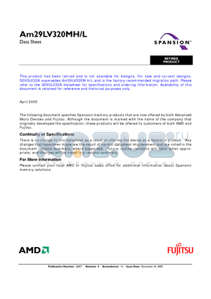 AM29LV320MH101 datasheet - 32 Megabit (2 M x 16-Bit/4 M x 8-Bit) MirrorBit 3.0 Volt-only Uniform Sector Flash Memory with VersatileI/O Control