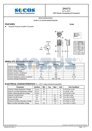 2N5172 datasheet - NPN Plastic Encapsulated Transistor