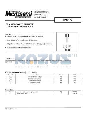 2N5179 datasheet - RF & MICROWAVE DISCRETE LOW POWER TRANSISTORS