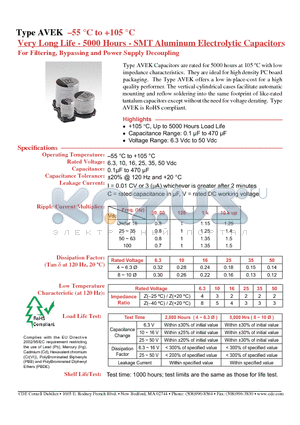 AVEK105M50B12T-F datasheet - Very Long Life - 5000 Hours - SMT Aluminum Electrolytic Capacitors