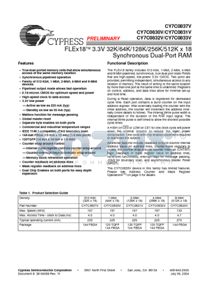 CY7C0831V-167BBC datasheet - FLEx18-TM 3.3V 32K/64K/128K/256K/512K x 18 Synchronous Dual-Port RAM