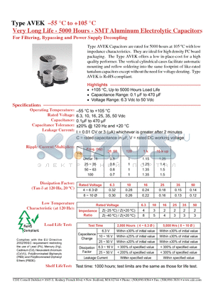 AVEK107M25F24T-F datasheet - Very Long Life - 5000 Hours - SMT Aluminum Electrolytic Capacitors