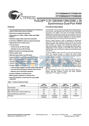 CY7C0852AV-133BBI datasheet - FLEx36TM 3.3V 32K/64K/128K/256K x 36 Synchronous Dual-Port RAM