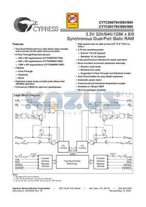 CY7C09079V datasheet - 3.3V 32K/64K/128K x 8/9 Synchronous Dual-Port Static RAM