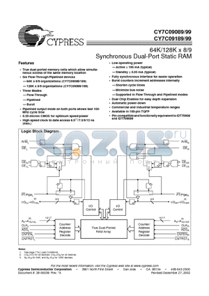 CY7C09089-12AC datasheet - 64K/128K x 8/9 Synchronous Dual-Port Static RAM