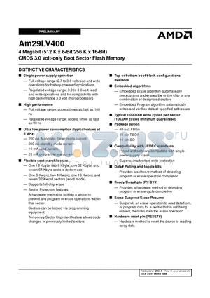 AM29LV400B-100FC datasheet - 4 Megabit (512 K x 8-Bit/256 K x 16-Bit) CMOS 3.0 Volt-only Boot Sector Flash Memory