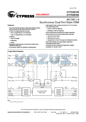 CY7C09159 datasheet - 8K/16K x 9 Synchronous Dual-Port Static RAM