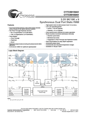 CY7C09169AV datasheet - 3.3V 8K/16K x 9 Synchronous Dual Port Static RAM