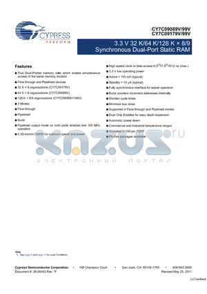 CY7C09179V-12AXC datasheet - 3.3 V 32 K/64 K/128 K  8/9 Synchronous Dual-Port Static RAM