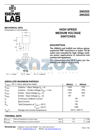 2N5322 datasheet - HIGH SPEED MEDIUM VOLTAGE SWITCHES