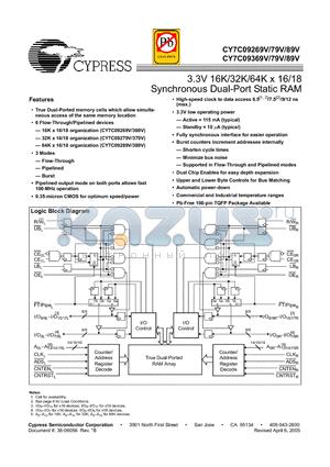 CY7C09269V-9AC datasheet - 3.3V 16K/32K/64K x 16/18 Synchronous Dual-Port Static RAM