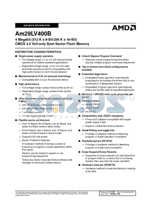 AM29LV400BB120WAC datasheet - 4 Megabit (512 K x 8-Bit/256 K x 16-Bit) CMOS 3.0 Volt-only Boot Sector Flash Memory