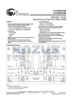 CY7C09279-7AC datasheet - 32K/64K X 16/18 Synchronous Dual Port Static RAM