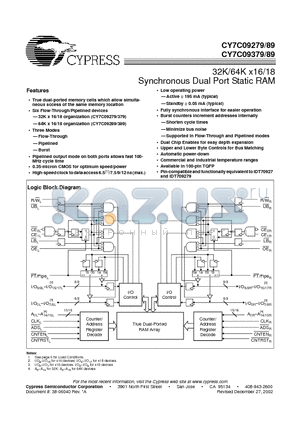 CY7C09289-9AC datasheet - 32K/64K x16/18 Synchronous Dual Port Static RAM