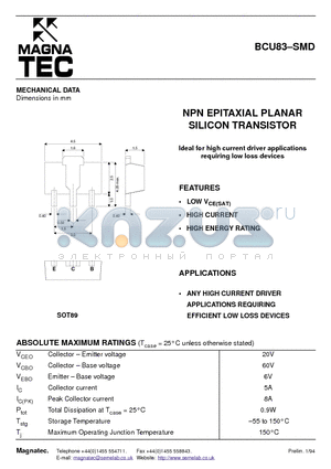 BCU83-SMD datasheet - NPN EPITAXIAL PLANAR SILICON TRANSISTOR