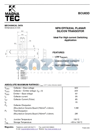 BCU83D datasheet - NPN EPITAXIAL PLANAR SILICON TRANSISTOR