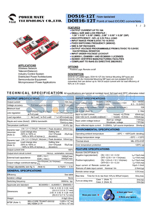 DOH16-12TA-P datasheet - Non-isolated Point of load DC/DC converters