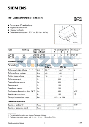 BCV26 datasheet - PNP Silicon Darlington Transistors (For general AF applications High collector current)