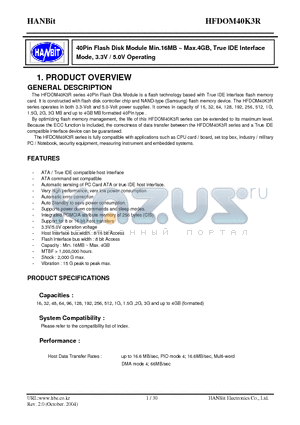 DOM40K3R1G datasheet - 40Pin Flash Disk Module Min.16MB ~ Max.4GB, True IDE Interface Mode, 3.3V / 5.0V Operating