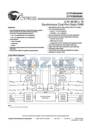 CY7C09359AV datasheet - 3.3V 4K/8K x 18 Synchronous Dual-Port Static RAM